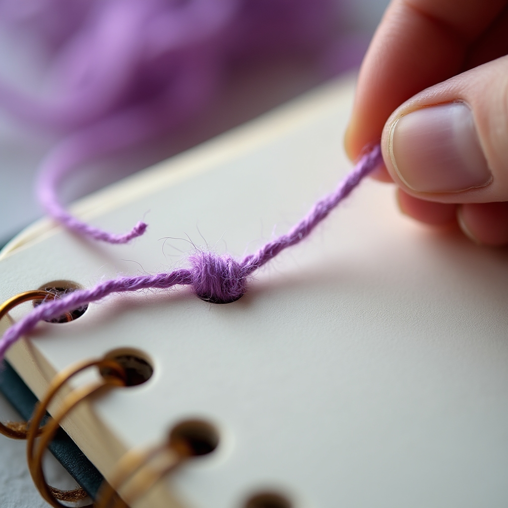 Detalle de hilo de algodón encerado atravesando el lomo de un cuaderno