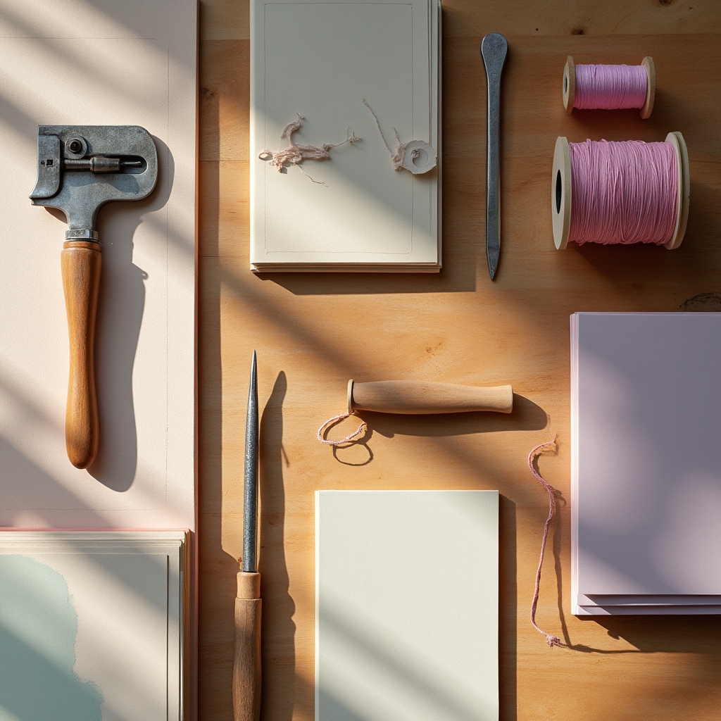 Mesa de taller con cizalla, plegadera, punzón y papel washi ordenados para la sesión