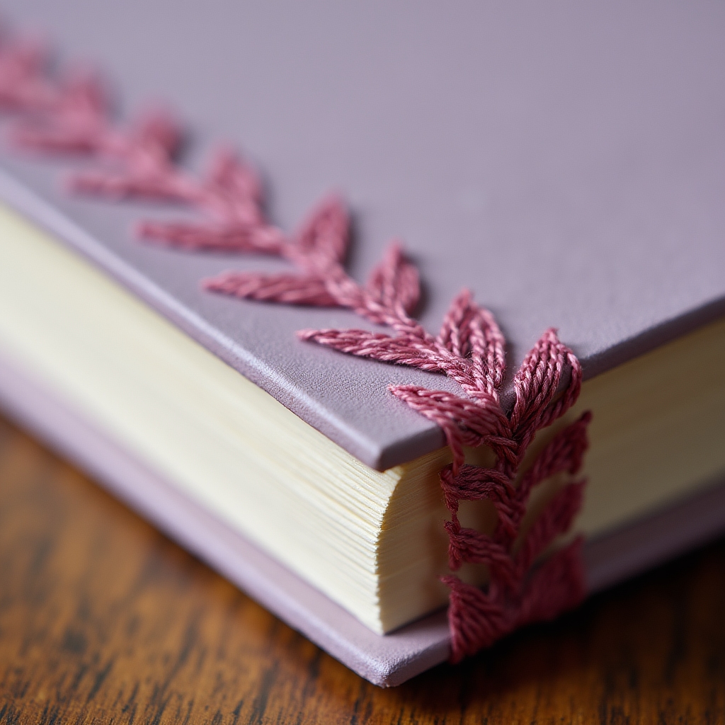Detalle de cosido en patrón de hoja de cáñamo sobre cuaderno de tapa dura